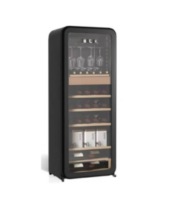 Tủ rượu cigar HCK Retro màu đen, cận cảnh tay nắm mạ vàng và đường bo viền cổ điển.